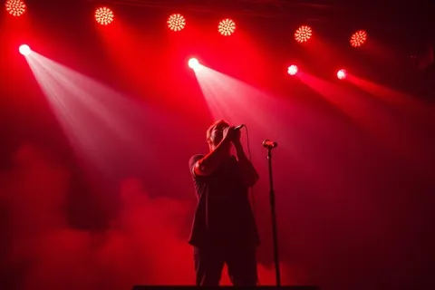 Cantante sul palco illuminato da faretti